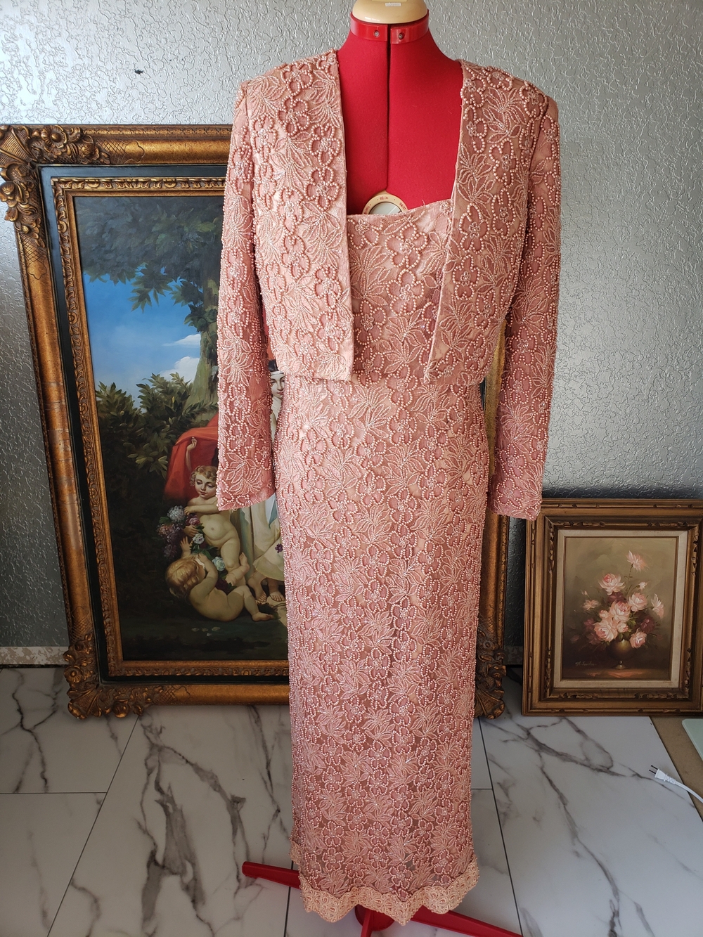 Rose Lace Long-Sleeve Sheath Dress with Cropped Jacket